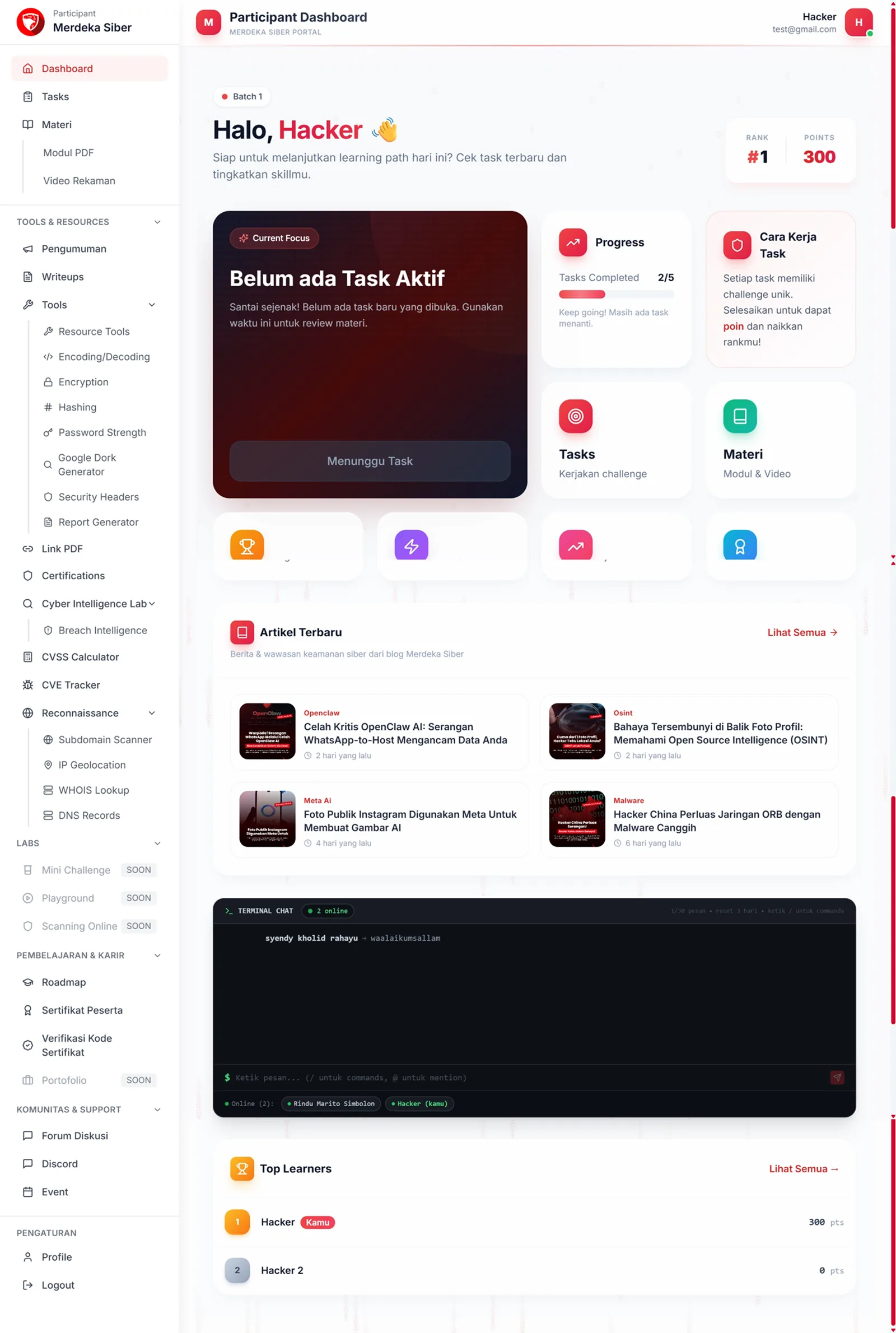 Portal Peserta Merdeka Siber — dashboard, tools, labs & materi